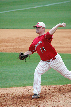 Rio Grande's Ryan Robertson throws a pitch in Thursday's MSC Tournament win over Lindsey Wilson