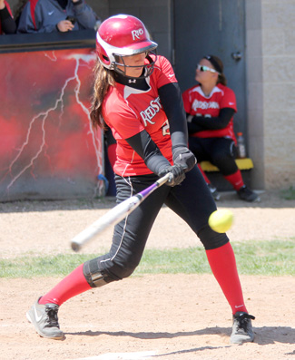 Rio Grande's Kaitie Stewart connects for a hit in Sunday's game two loss to Cumberland University