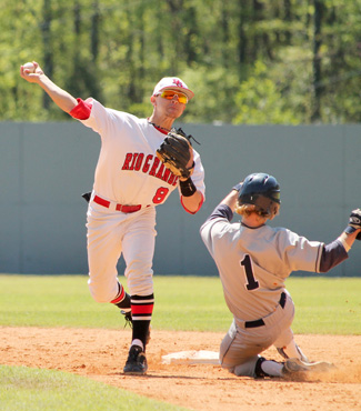 Rio Grande's Grant Tamane completes a double-play in an MSC tourney win over Shawnee State. The tourney resumes Wednesday