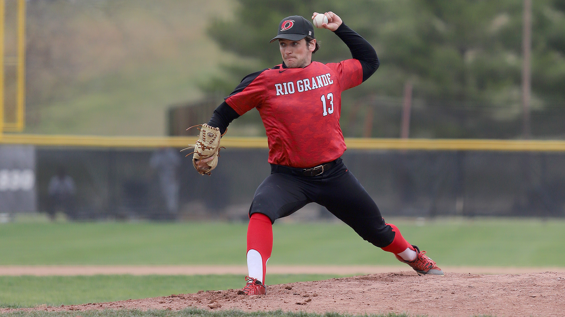 Rio Grande's Gabe Carter pours a pitch plateward during the second inning of Saturday's 11-2 loss to West Virginia University Tech at Bob Evans Field.