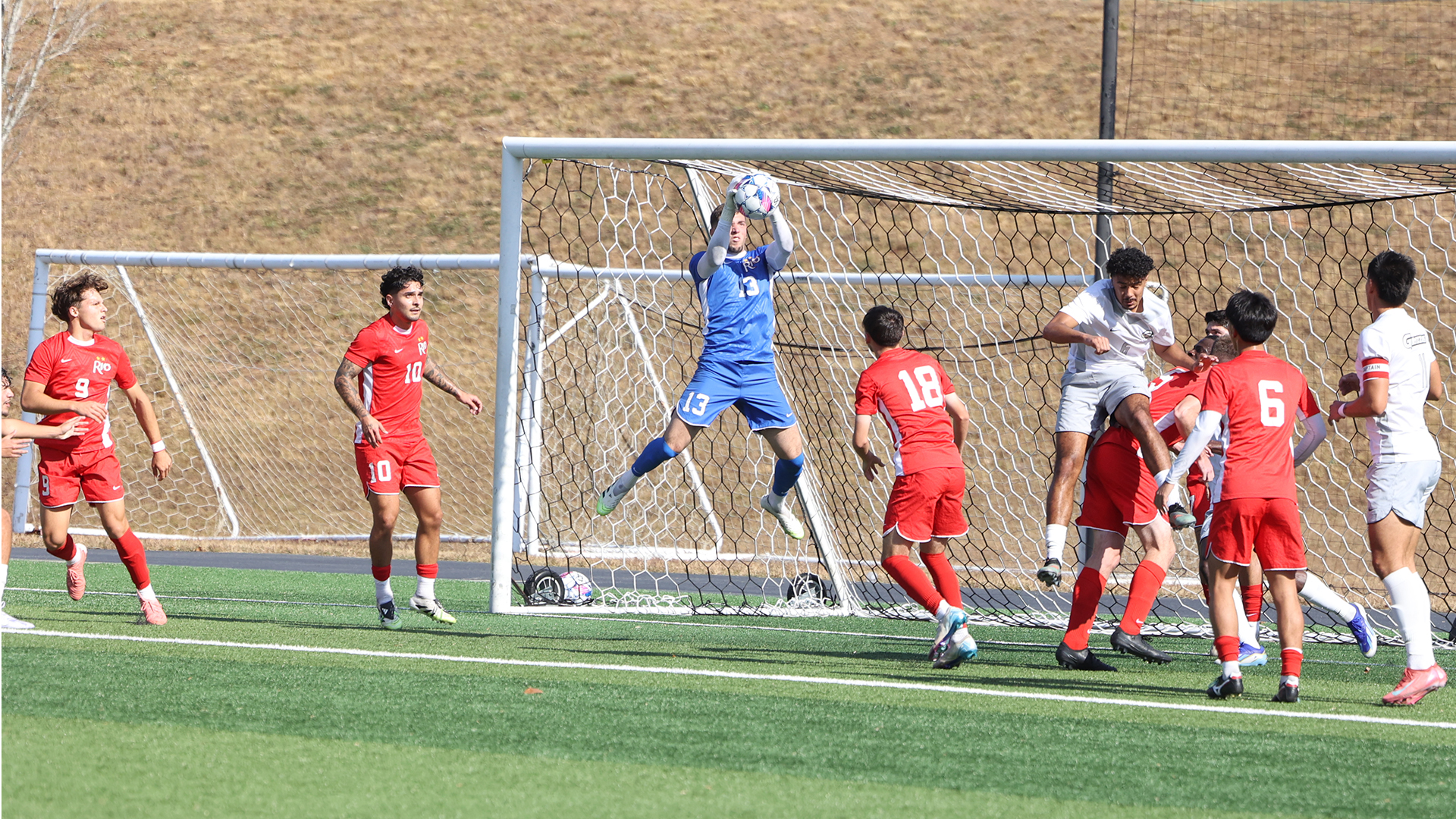 Rio Grande's Samy Hamou stops a Georgia Gwinnett College  shot during the first half of Saturday's NAIA national tournament game in Lawrenceville, Ga. The Grizzlies and RedStorm tied 0-0 in two overtimes, but the hosts advanced 4-3 on penalty kicks.