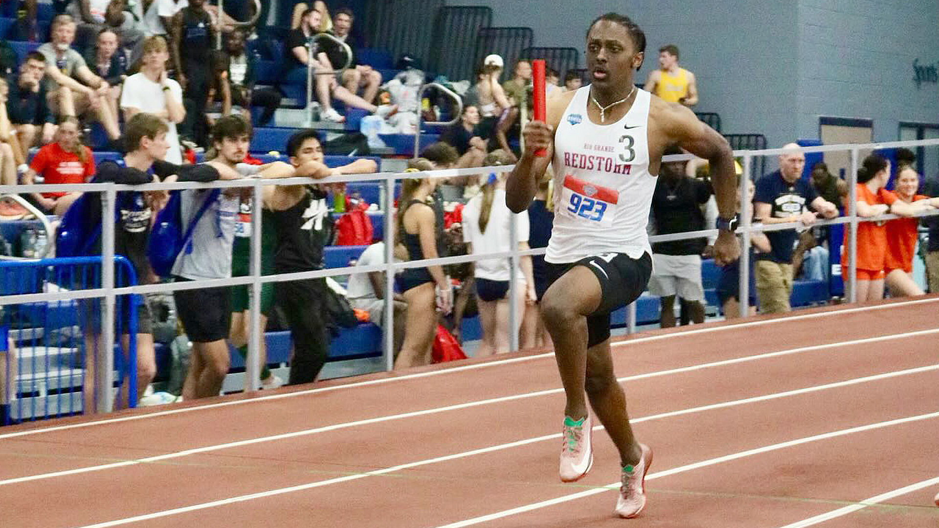 Rio Grande's Noah Sileshi runs in the preliminary round of the 4x400 relay during Thursday's action the NAIA Men's Indoor Track &amp; Field Championships in Gainesville, Fla.