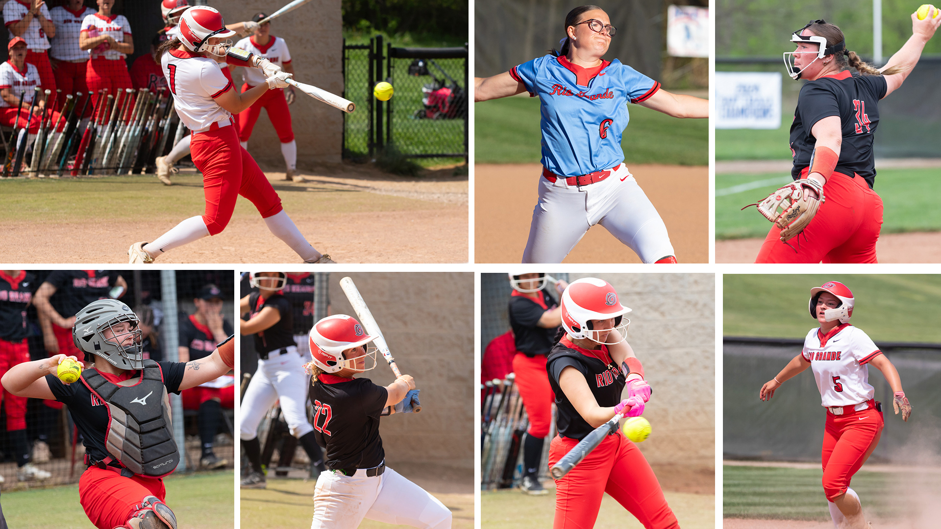 Rio Grande put seven players on the All-River States Conference Softball teams. The selections included, from left to right, (top row) Nigella Reck, Meg McCallum and Macy Kise; (bottom row) Natalie Bates, Emily Lane, Lindzie Runions, Kendyl Moss.