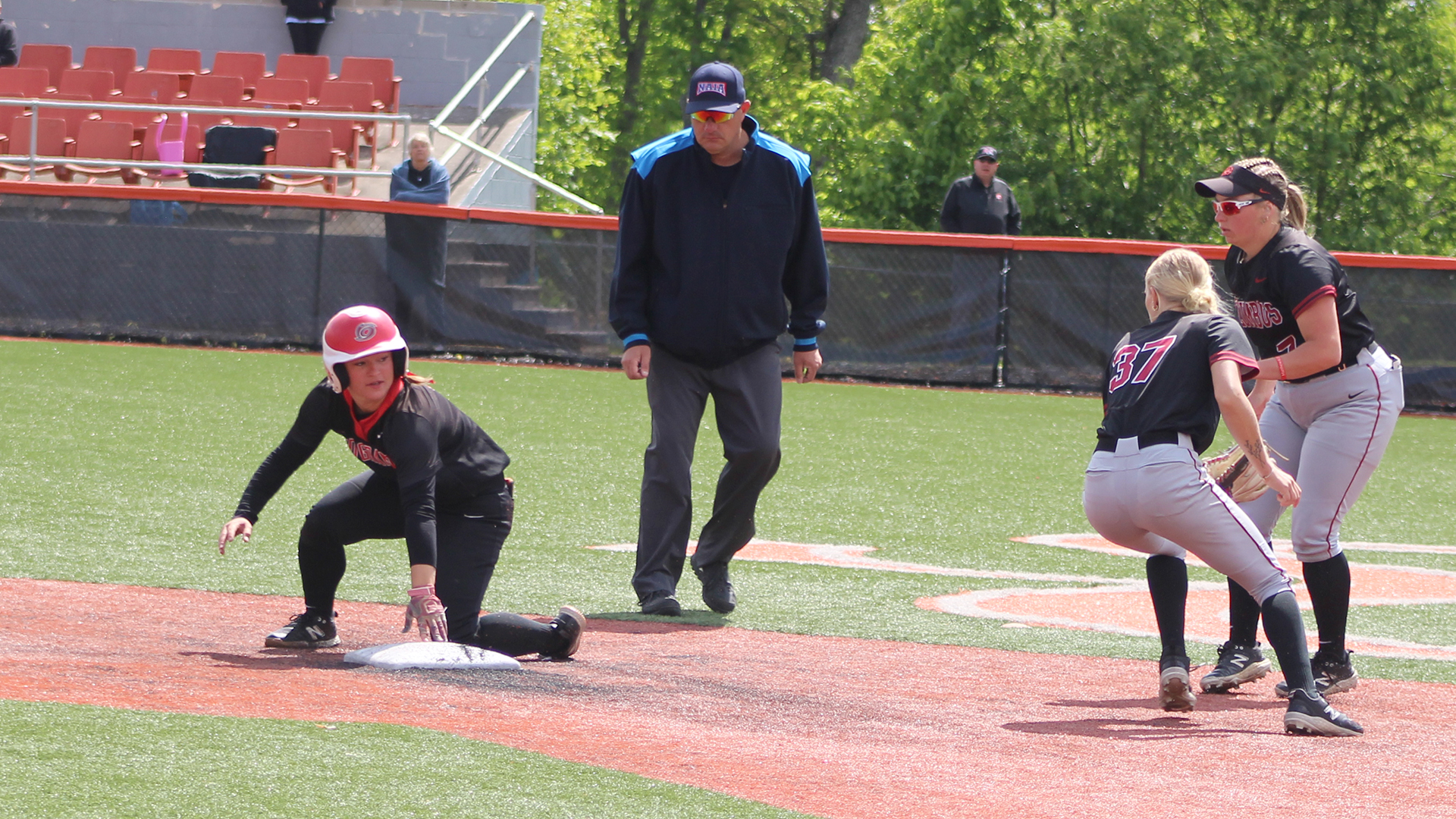 Rio Grande's Kendyl Moss slides safely into second base during Saturday's win over Indiana University Columbus in the River States Conference Softball Championship at Little Creek Park in South Charleston, W.Va.