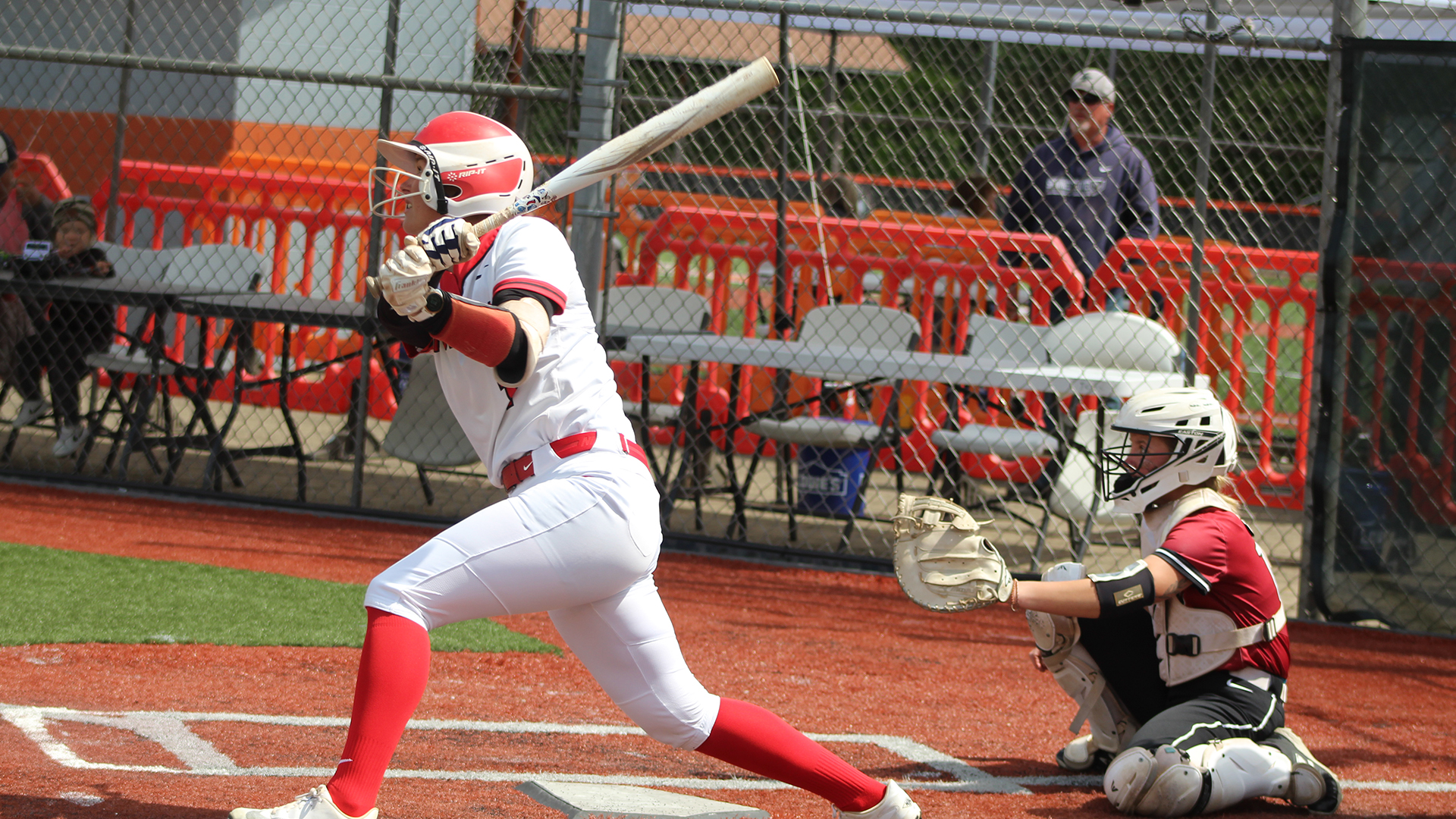 Rio Grande's Nigella Reck connects for a double in Thursday's 7-3 win over Indiana University Columbus in the opening round of the River States Conference Softball Championship in South Charleston, W.Va.