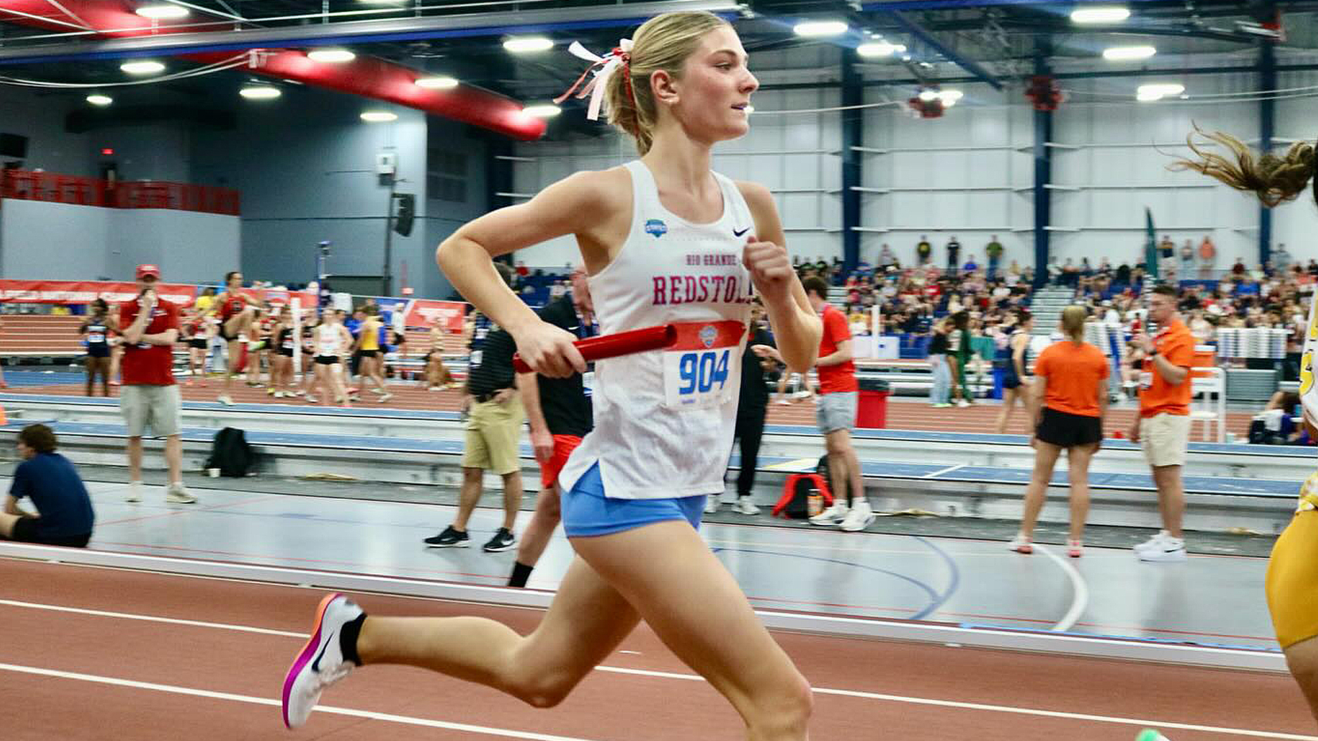 Rio Grande's Marley Kreischer runs for the RedStorm during Thursday's Distance Medley relay at the NAIA Women's Indoor Track &amp; Field Championships in Gainesville, Fla.