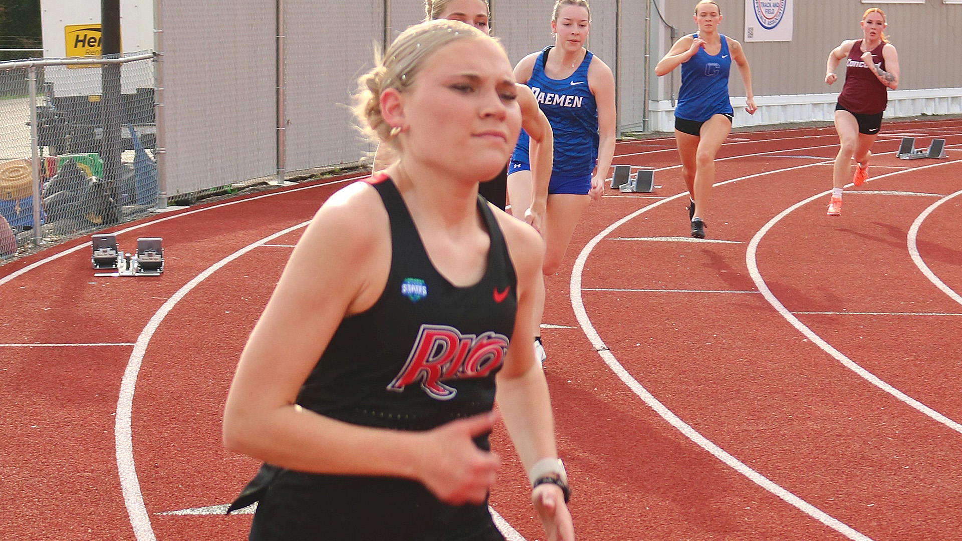 Rio Grande's Aylah Humphreys competes in the 800-meter run during Friday's Golden Eagle Invitational at UC Stadium/Laidley Field in Charleston, W.Va.
