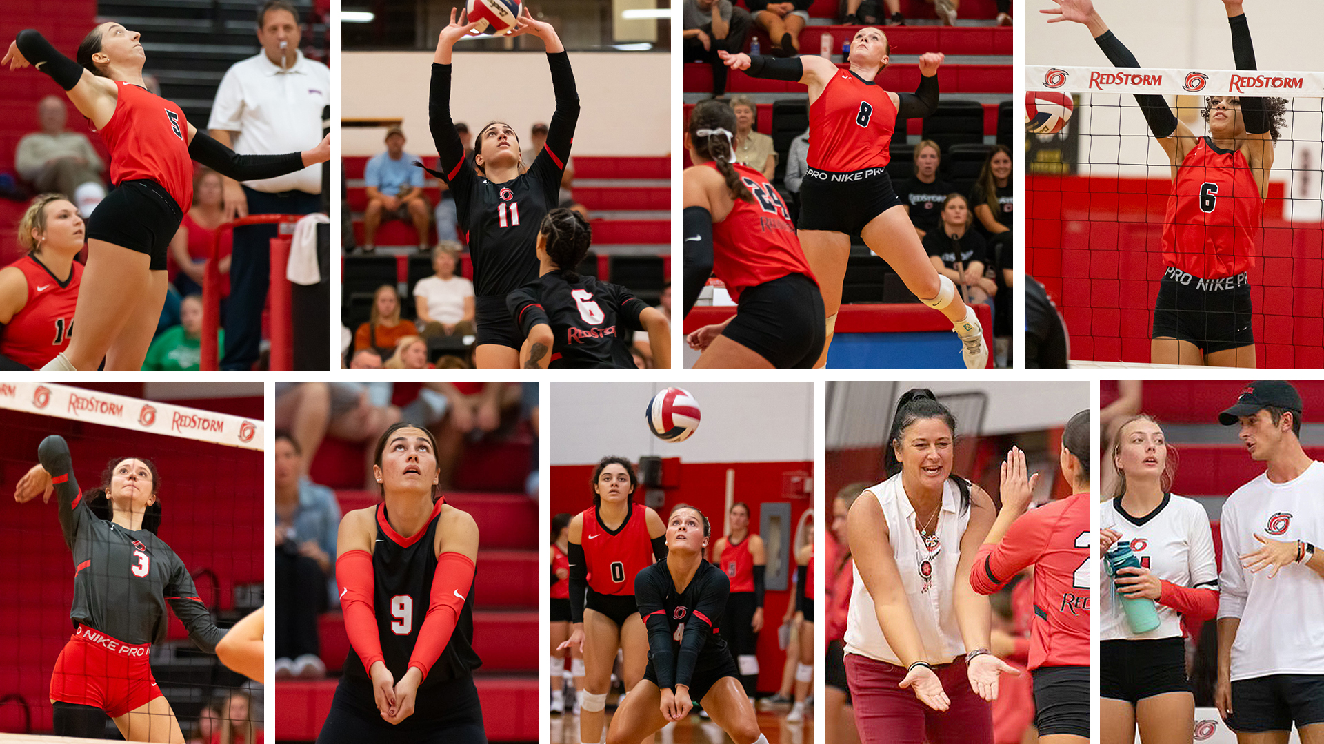 Rio Grande's All-RSC honorees and award winners included, from left to right, (top row) Amanda Rarick, Elle McLoughlin, Kelli Stewart and Jordan Smith; (bottom row) McKenna Diederich, Kayla Sedgwick, Jenna Harrison, head coach Billina Donaldson and assistant coach Caden Donaldson.