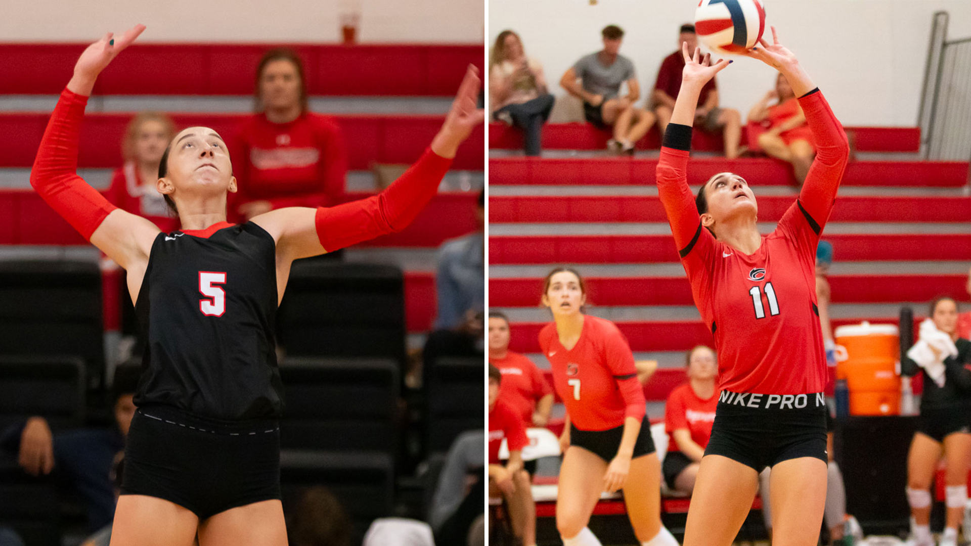 Rio Grande's Amanda Rarick (left) and Elle McLoughlin (right) were named the River States Conference Women's Volleyball Attacker and Setter of the Week, respectively, on Monday.