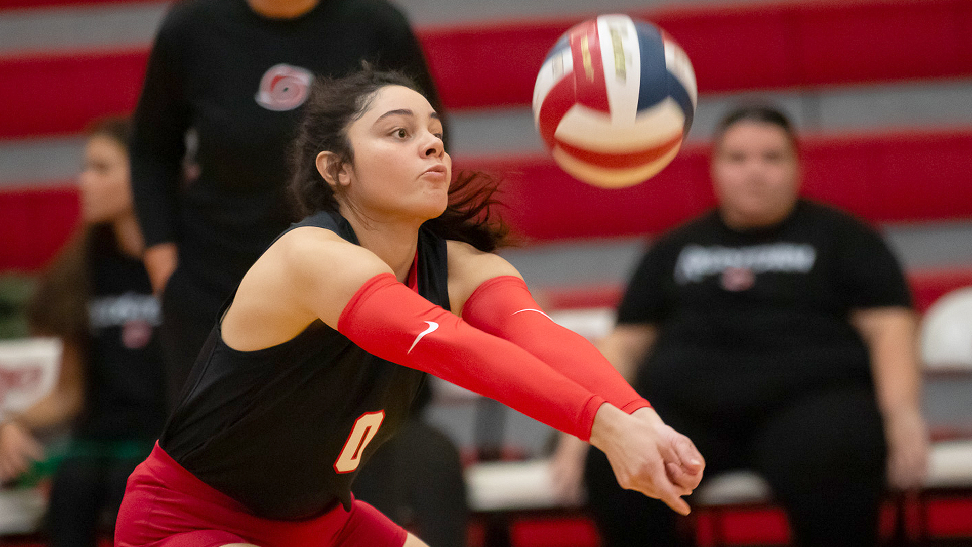 Rio Grande's Sofia Otero Marrero comes up with a dig during Friday night's 3-0 sweep of Shawnee State University at the Newt Oliver Arena.